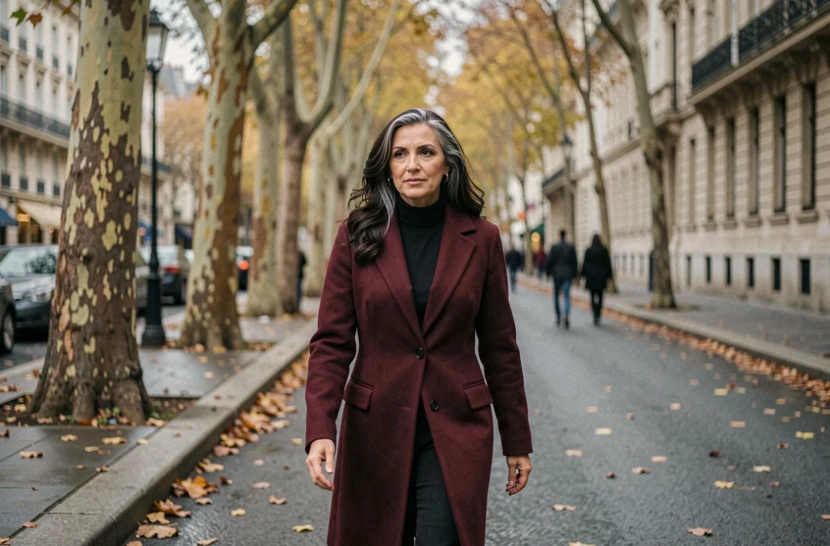 Actrice française cinquantenaire marchant sur un boulevard parisien en automne, manteau bordeaux et allure déterminée