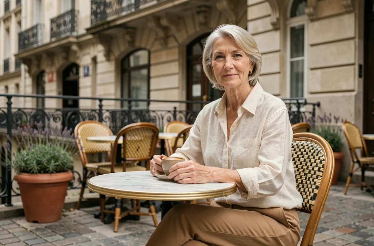 Femme actrice française de 55 ans à la terrasse d'un café parisien, naturelle et élégante avec un style éditorial