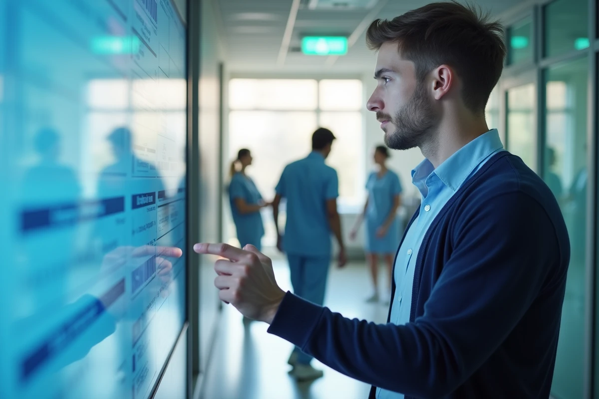 Jeune homme en blouse dans un couloir d