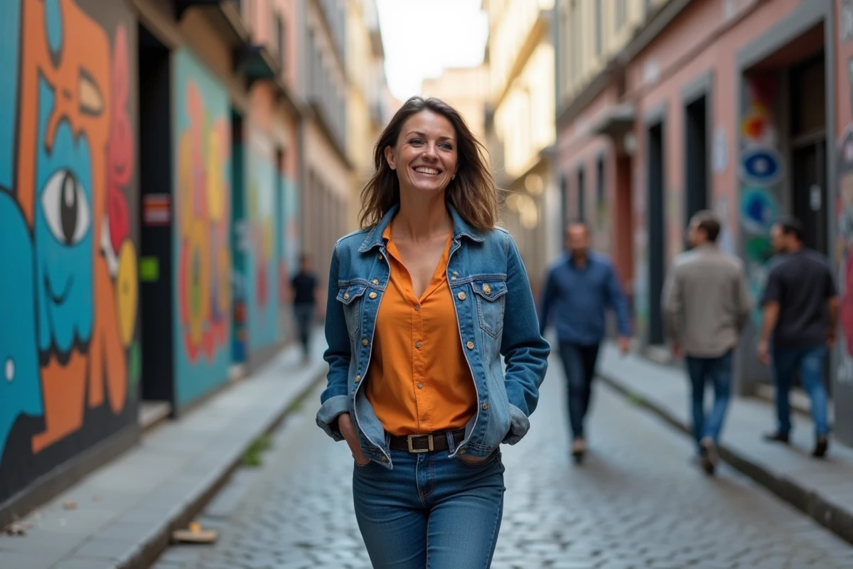 Femme créative marchant dans un quartier artistique urbain