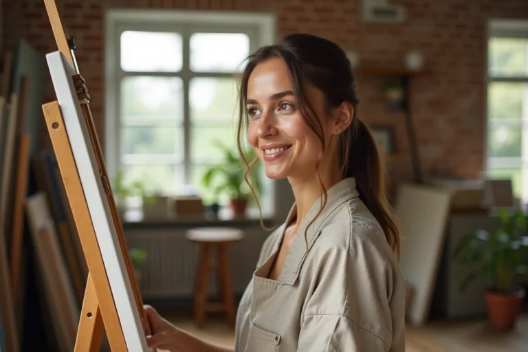 Femme artiste dans son atelier lumineux en train de peindre