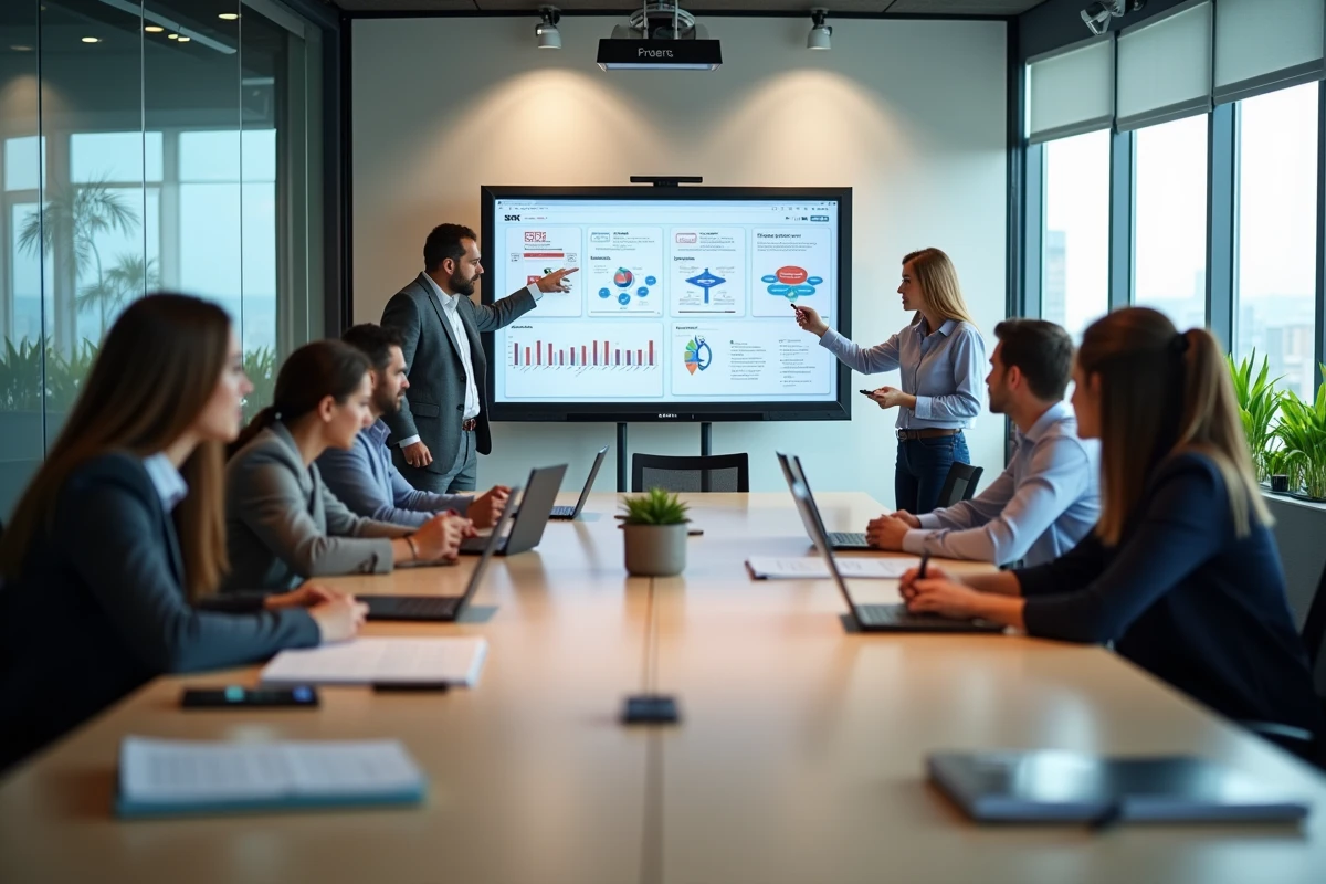 Groupe de professionnels en atelier de formation SEO dans une salle de co-working moderne avec tableau blanc et stratégie de mots-clés
