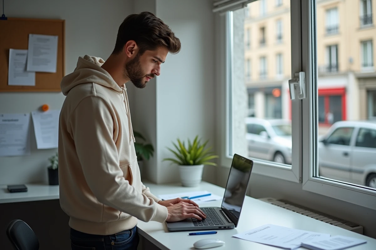 Jeune homme préparant une attestation d'hébergement gratuit sur son ordinateur dans un bureau à domicile