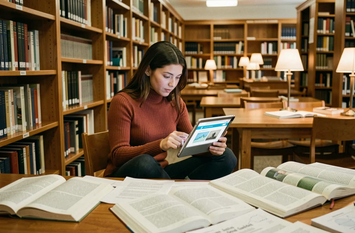 Jeune femme dans une bibliothèque universitaire consultant un site de rédaction scientifique sur une tablette entourée de livres et d'articles imprimés