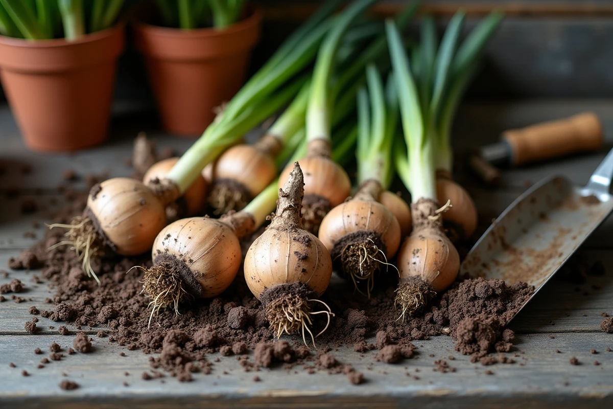 Bulbes de jonquilles déterrés posés sur un établi de jardin en bois avec de la terre et un outil de jardinage