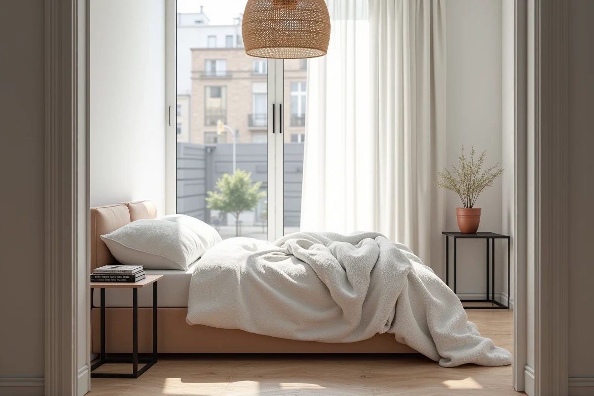 Chambre tendance de style scandinave avec literie bouclé blanche, tables de chevet en métal noir et suspension en rotin, décoration intérieure Maison Créa