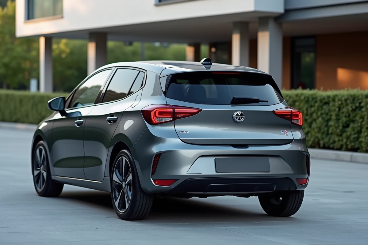 Clio 5 gris rafale vue arrière trois quarts dans un parking moderne, détails des feux LED et carrosserie