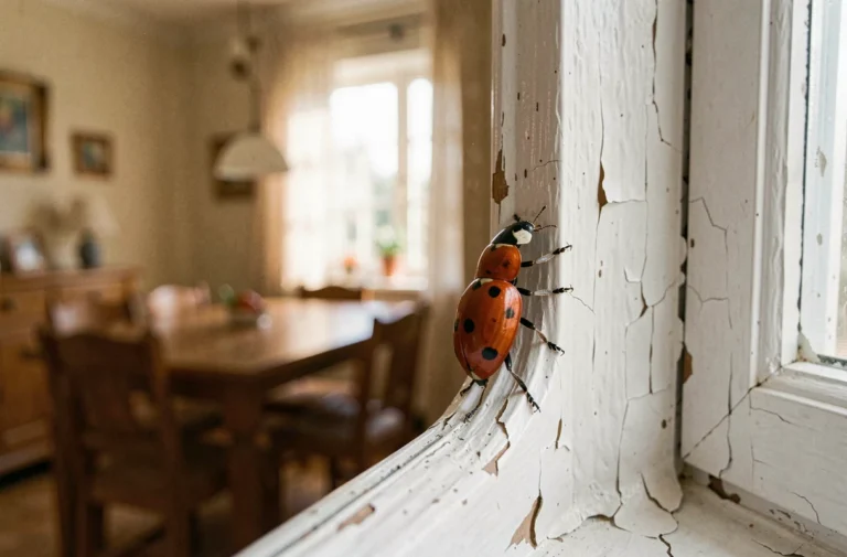 Trois coccinelles rouges à points noirs grimpant sur un rebord de fenêtre en bois blanc à l'intérieur d'une maison
