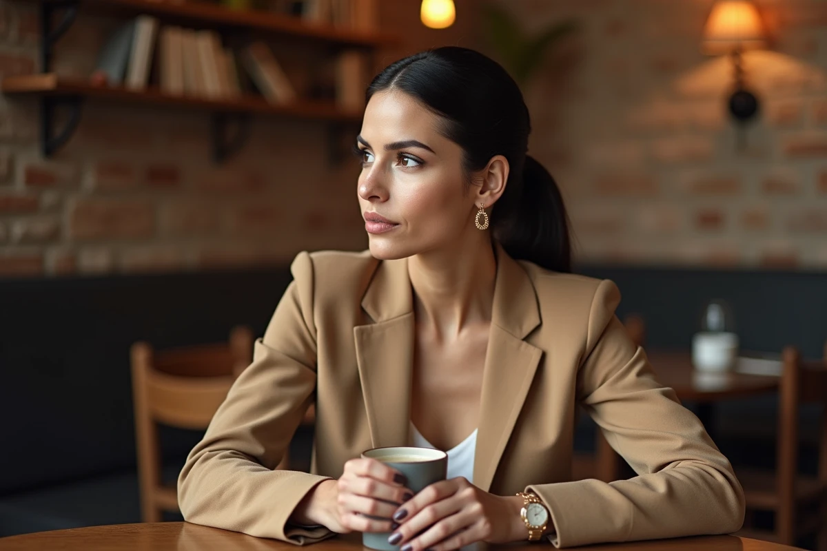 Femme élégante assise dans un café parisien, style discret et raffiné, compagne de célébrité