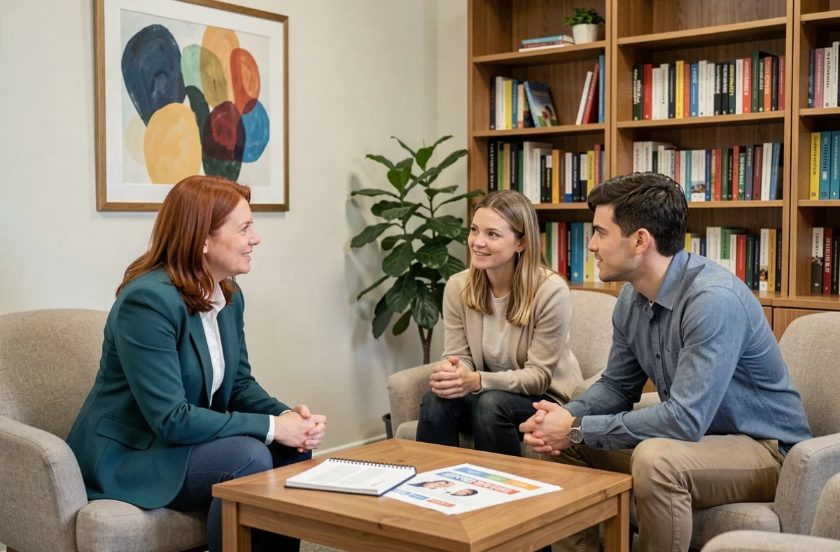 Conseillère familiale en consultation avec un jeune couple de parents, illustrant l'accompagnement professionnel et les ressources en parentalité