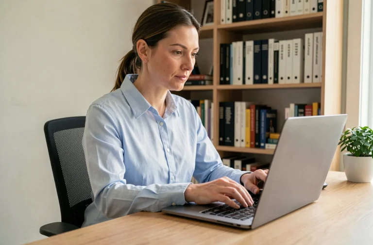 Femme assise à un bureau en bois composant un email sur un ordinateur portable pour contacter une rédaction scientifique
