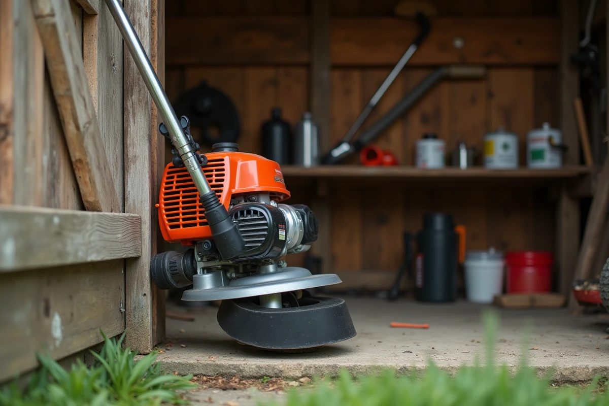 Coupe-bordure thermique posé contre un cabanon de jardin en bois avec accessoires