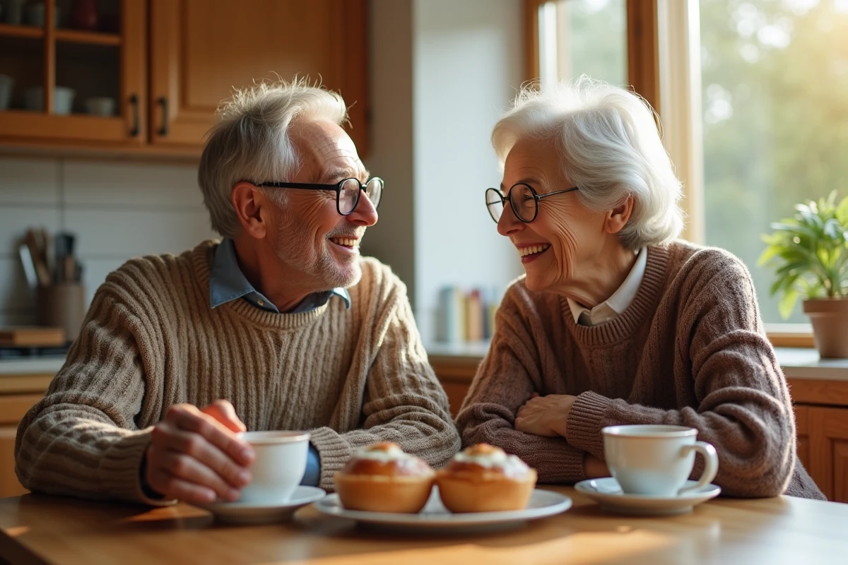 Couple âgé partage un café dans une cuisine lumineuse