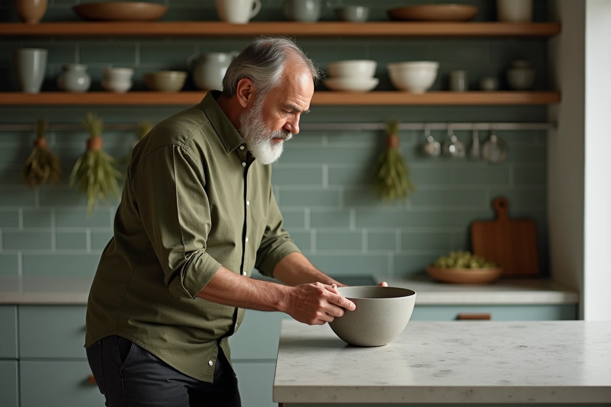 Homme examinant un bol décoratif en céramique dans une cuisine moderne aux étagères ouvertes et carrelage vert sauge, inspiration tendances déco Maison Créa