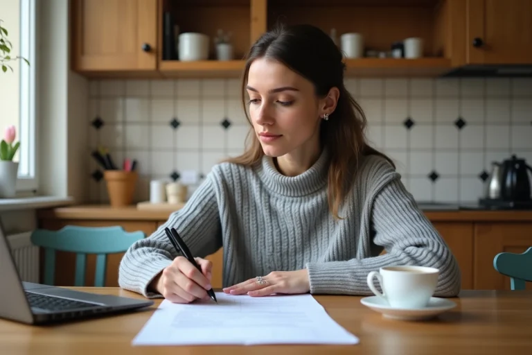 Femme remplissant un formulaire de déclaration d'hébergement gratuit dans une cuisine d'appartement