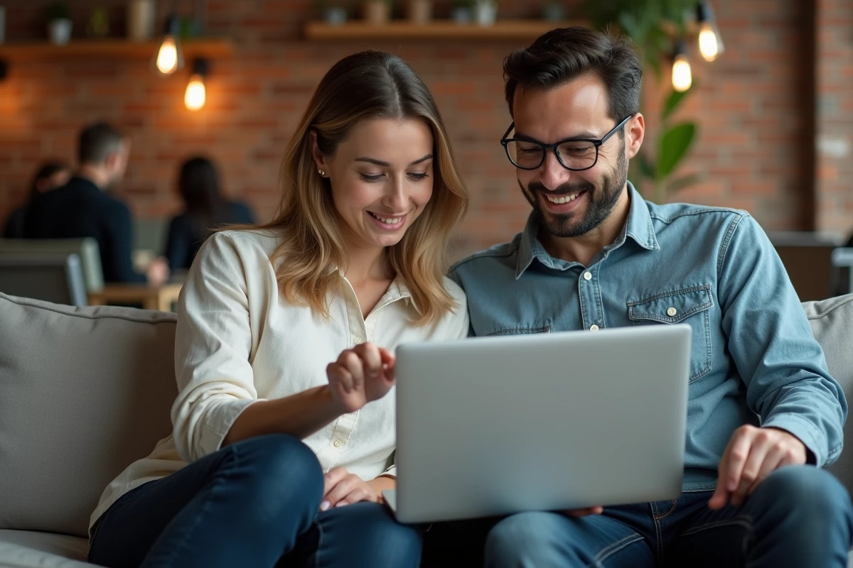 Un homme et une femme discutent des dernières tendances technologiques devant un ordinateur portable dans un espace de coworking moderne