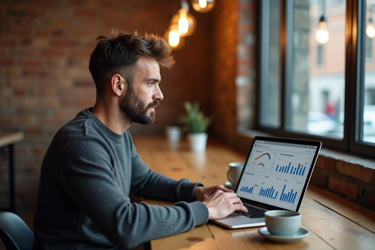 Entrepreneur analysant des métriques de présence en ligne sur un dashboard analytique dans un café branché
