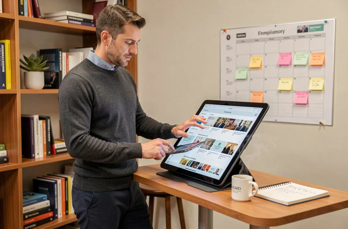 Entrepreneur masculin consultant la plateforme Magazine SLR sur une tablette dans un bureau privé moderne, avec des notes de stratégie de croissance