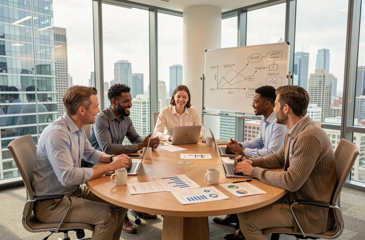 Équipe d'entrepreneurs diversifiée en réunion stratégique dans une salle de conférence moderne avec vue sur la ville