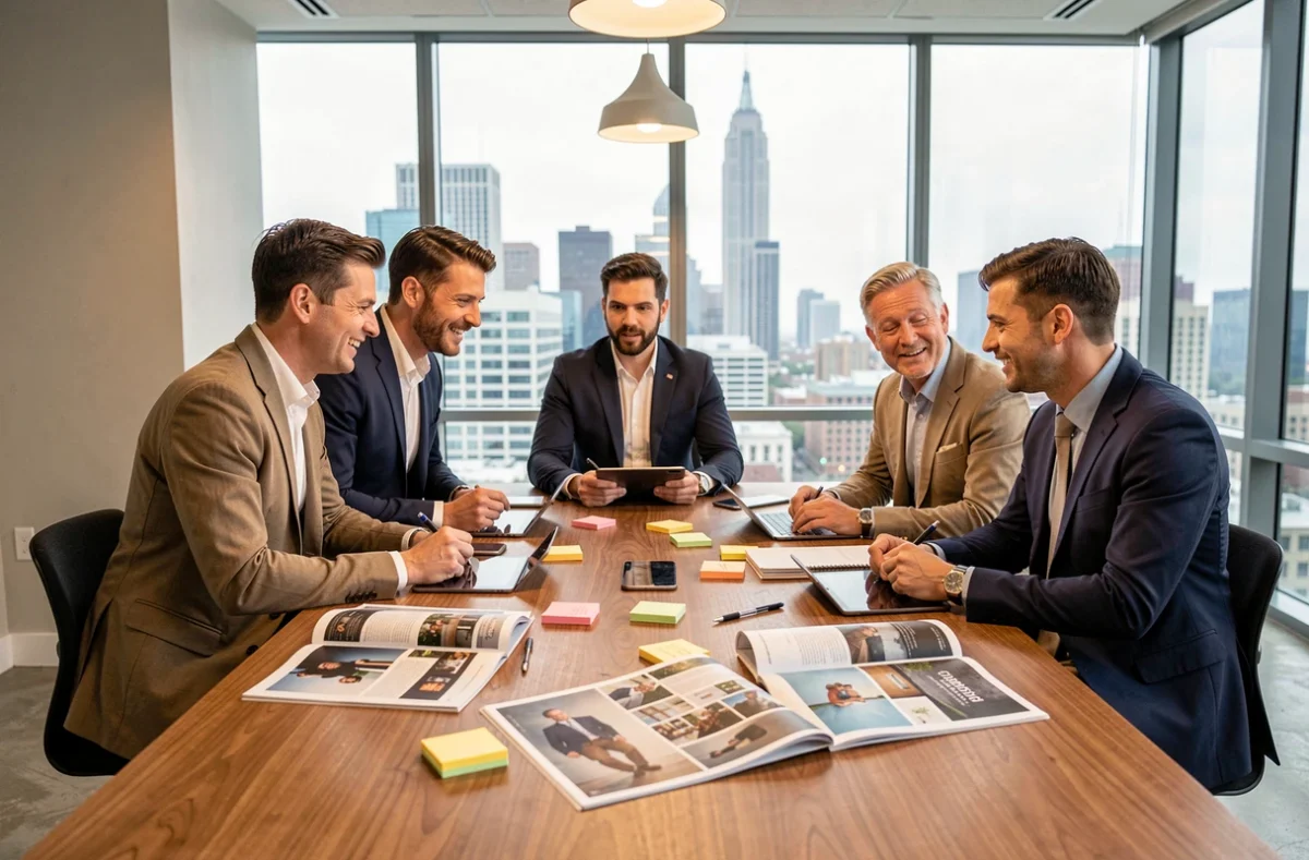 Équipe de professionnels en réunion de stratégie autour d'une table de conférence avec des supports du magazine SLR et des tablettes numériques