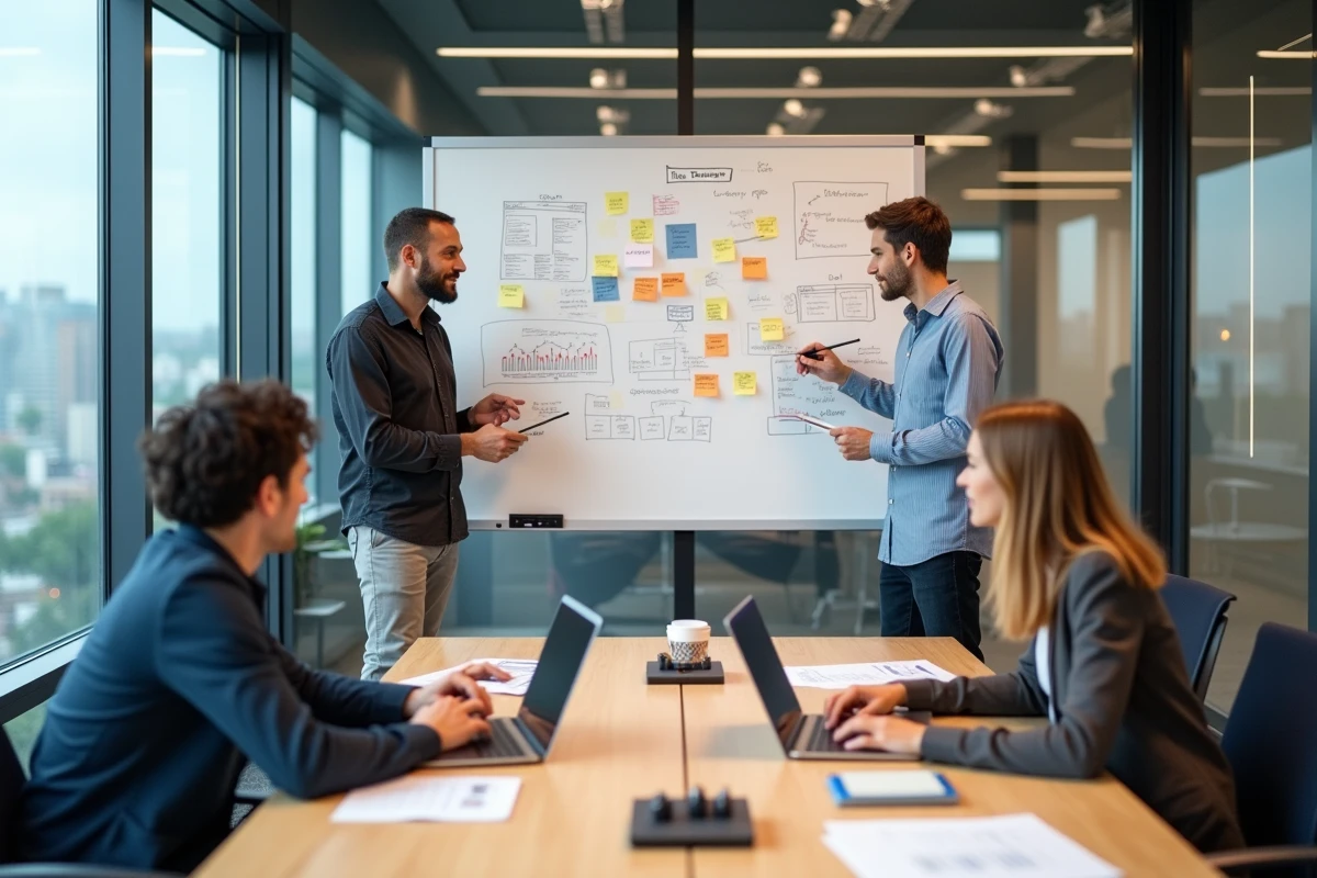 Équipe de professionnels collaborant sur une stratégie de présence web autour d'un tableau blanc avec des wireframes