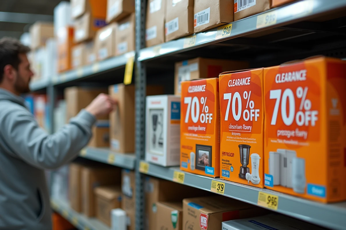 Gros plan sur des étagères de magasin Gifi en liquidation avec étiquettes de réduction et articles soldés en désordre