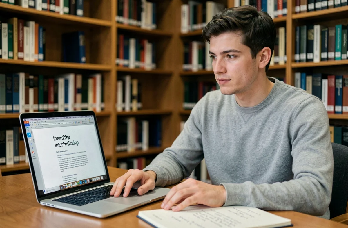 Étudiant en bibliothèque universitaire travaillant sur la mise en page d'une page de garde de rapport de stage sur ordinateur portable