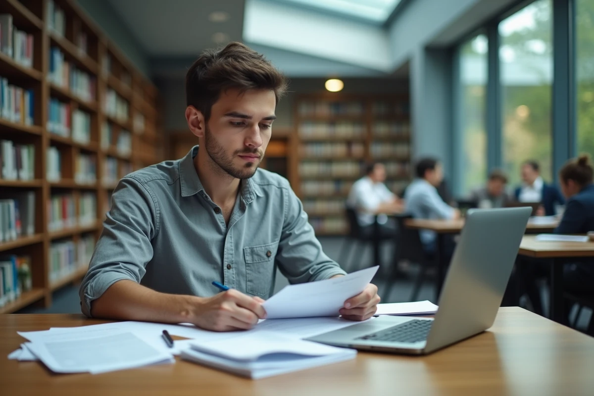 Étudiant vérifiant ses documents de candidature dans une bibliothèque universitaire pour soumettre son dossier eCandidat Besançon