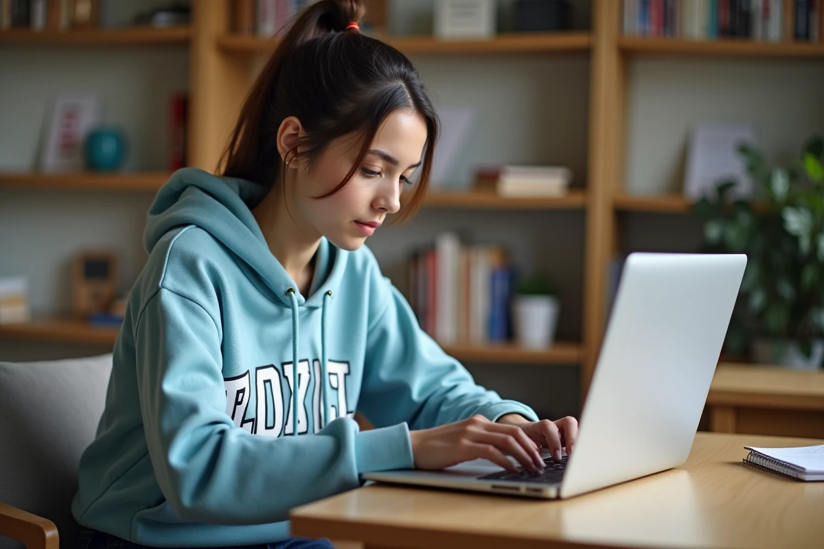 Étudiante déposant son dossier de candidature en ligne sur eCandidat depuis son bureau universitaire