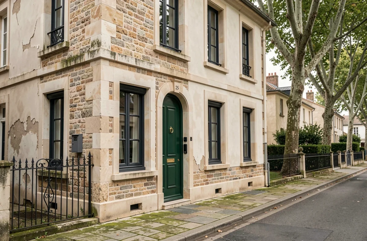 Façade rénovée d'une maison de ville en pierre avec nouvelles fenêtres et porte d'entrée verte en province française