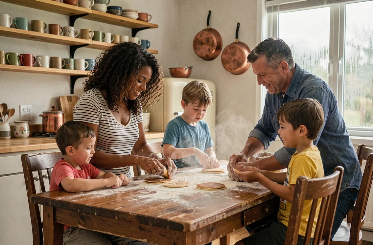 Famille de quatre personnes préparant des crêpes ensemble dans une cuisine conviviale, illustrant une parentalité épanouie