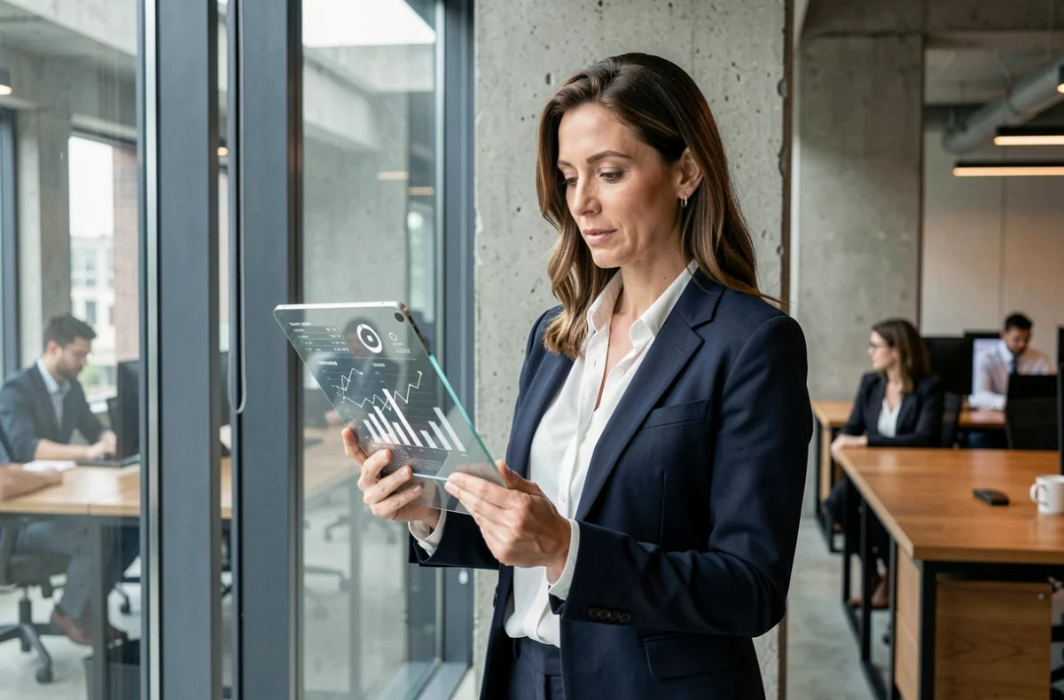 Femme d'affaires professionnelle analysant des données dans un bureau moderne en 2024, tendances du business contemporain