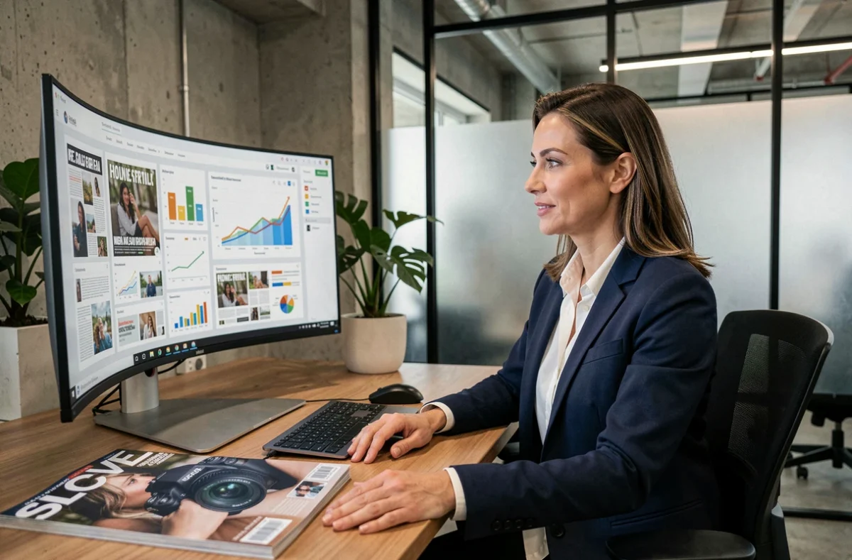 Femme d'affaires analysant des tableaux de bord de croissance sur un écran dans un bureau moderne, avec un exemplaire du magazine SLR posé sur le bureau