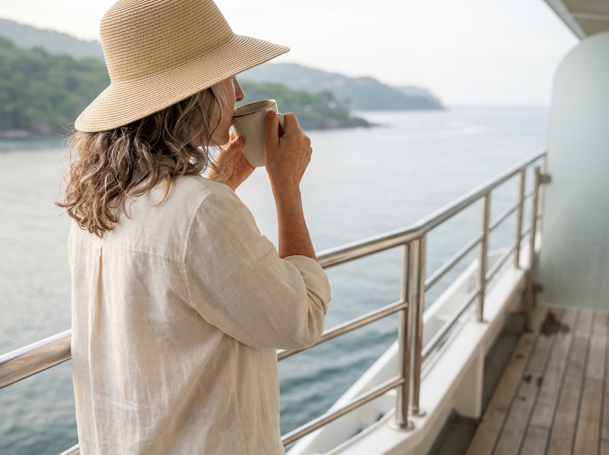 Femme regardant la mer depuis son balcon de croisiere