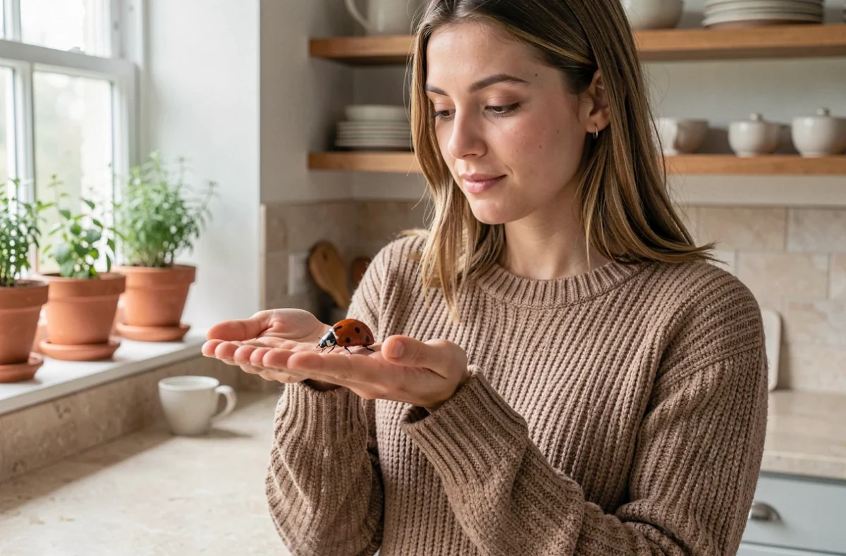 Femme tenant délicatement une coccinelle dans sa main ouverte dans une cuisine naturelle et lumineuse