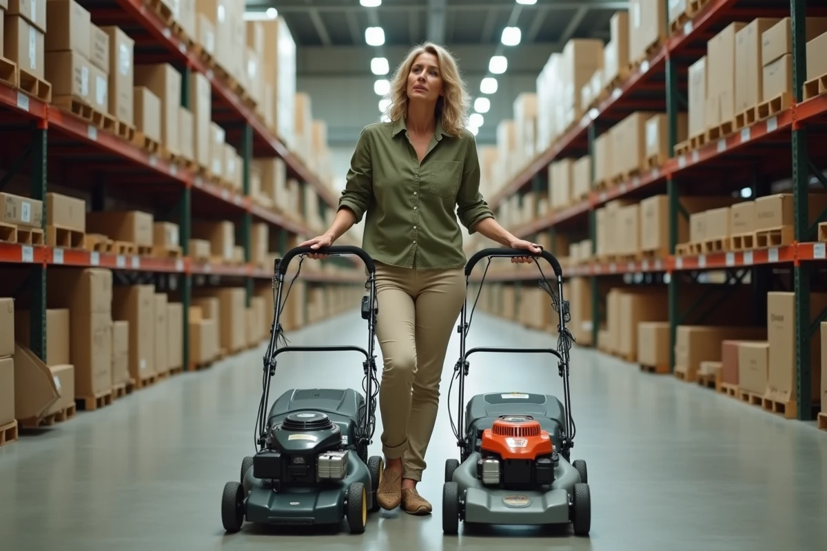 Femme comparant deux tondeuses électriques dans un magasin de bricolage