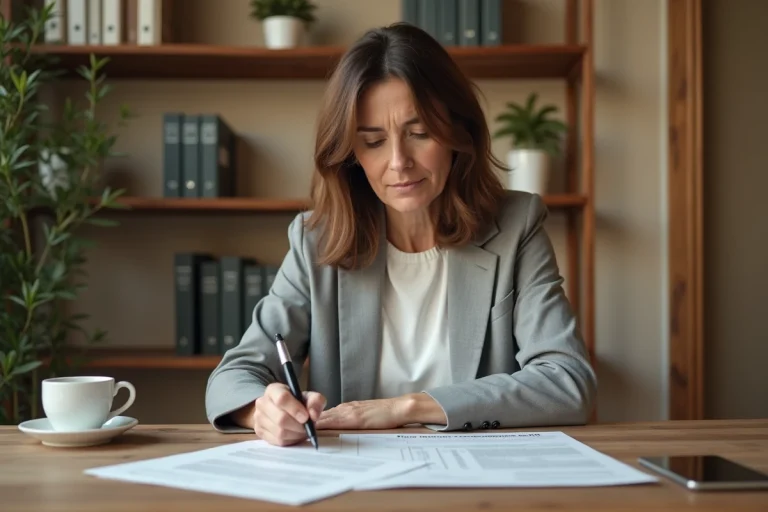 Femme consultant son contrat d'assurance AXA avant de lancer une procédure de résiliation