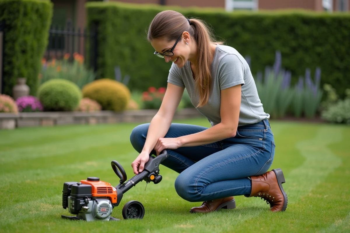 Femme remplaçant le fil nylon d'un coupe-bordure thermique dans un jardin résidentiel