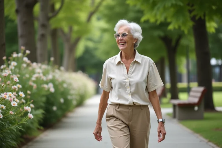 Femme âgée admire les fleurs dans un parc urbain