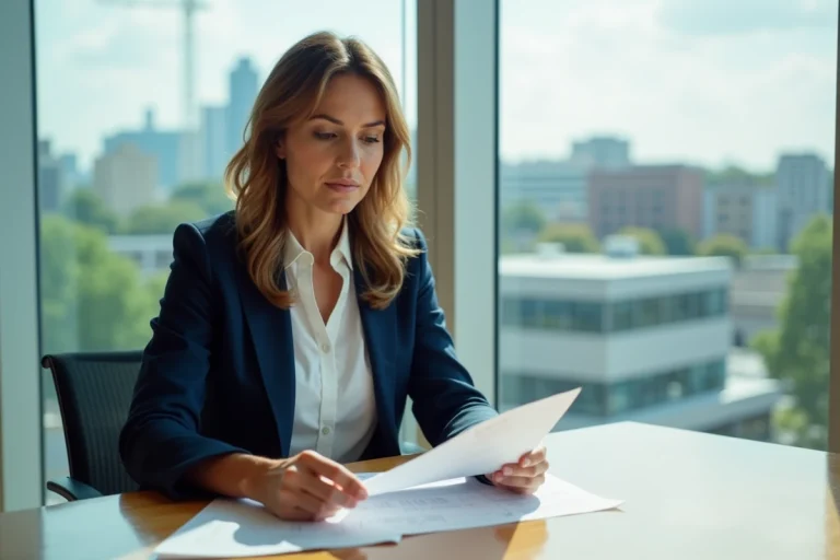 Femme en blazer bleu examine des documents sur l'investissement responsable