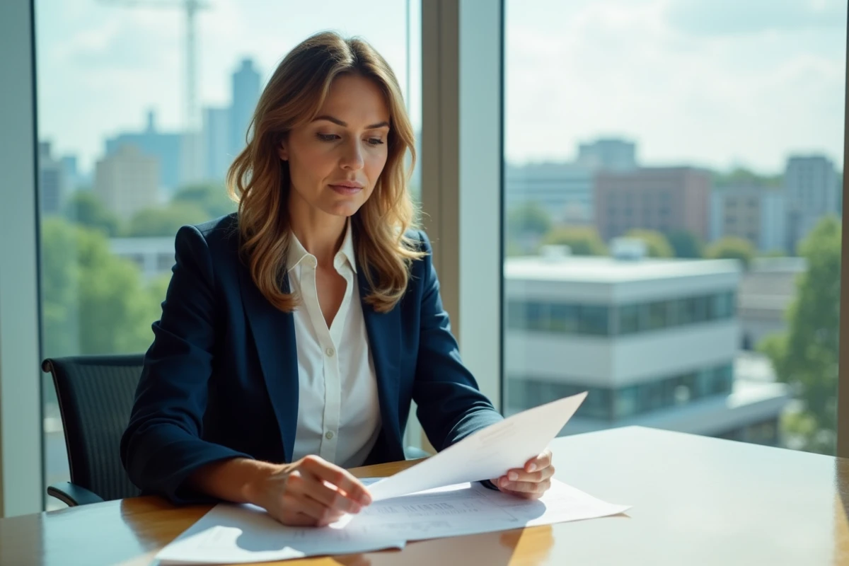 Femme en blazer bleu examine des documents sur l'investissement responsable