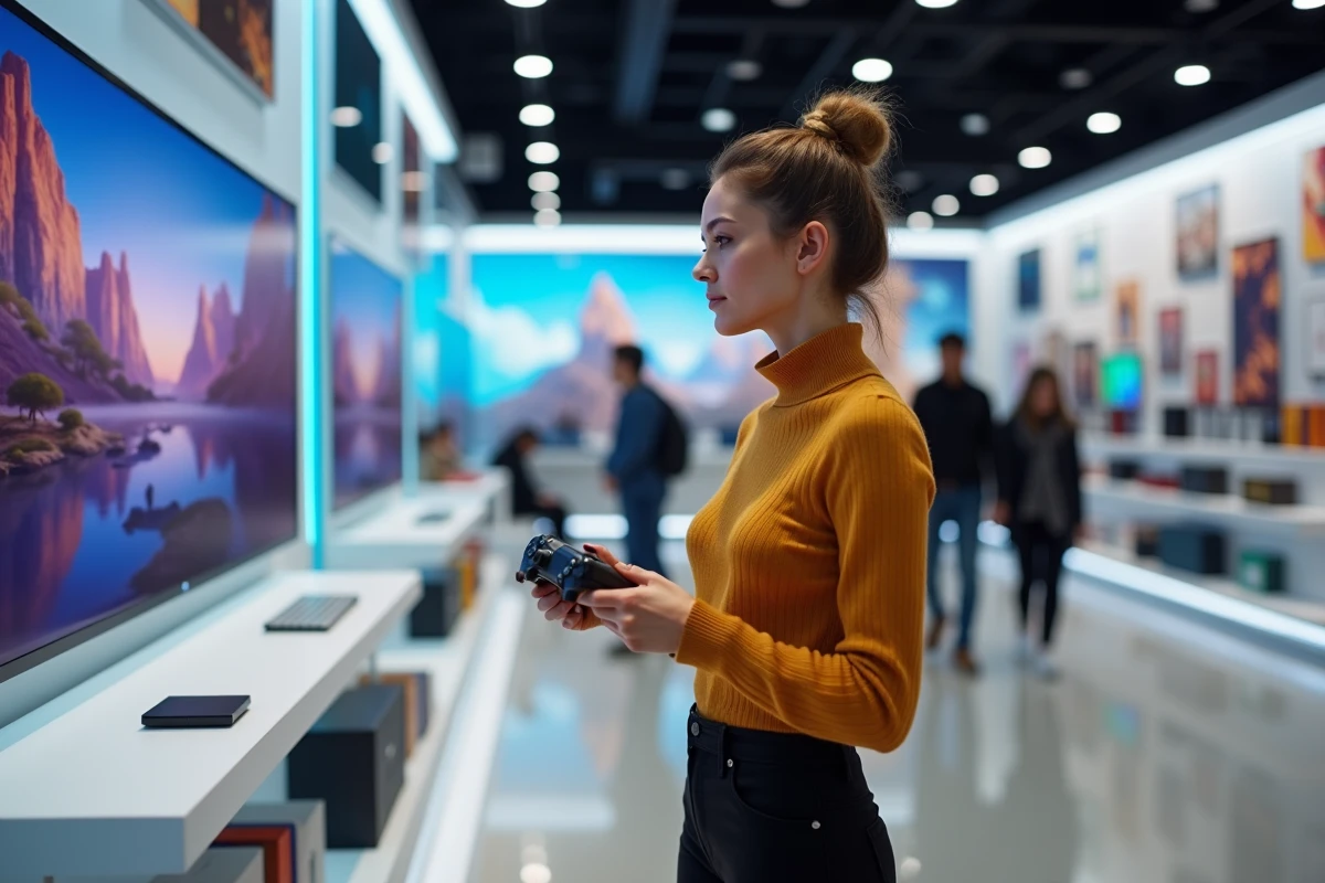 Une femme tient une manette de jeu vidéo nouvelle génération dans un magasin d'électronique moderne aux rayons bien fournis