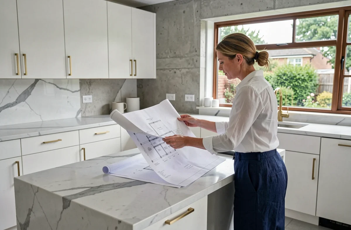 Femme consultant des plans de rénovation dans une cuisine moderne rénovée avec îlot en marbre