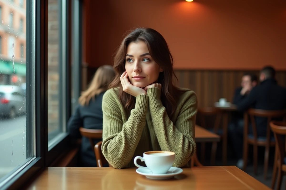 Femme pensive dans un café réfléchissant à une décision importante, les mains croisées sous le menton