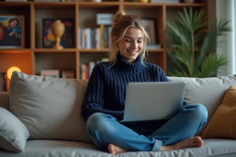 Jeune femme souriante regardant un ordinateur portable dans un salon cosy