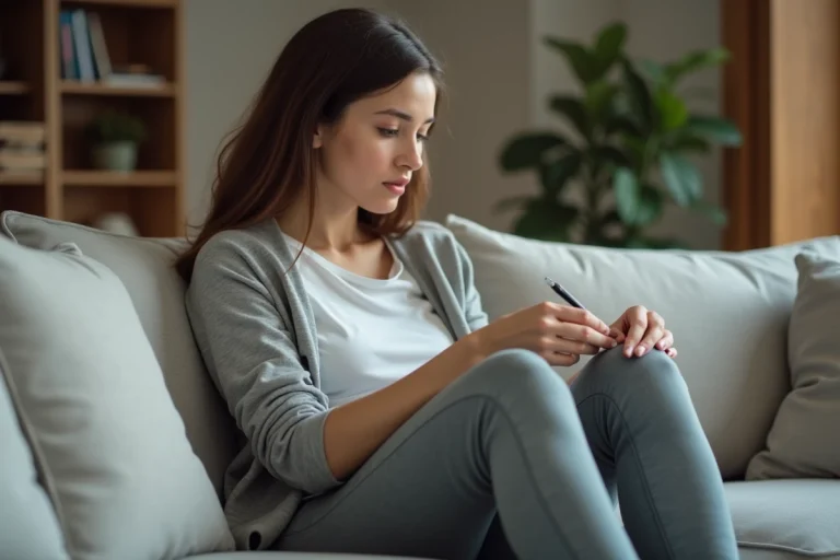 Femme examinant la couture de son pantalon de sport