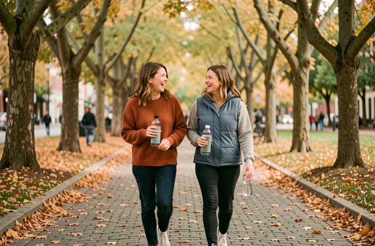 Deux femmes marchant et riant dans un parc urbain en automne, mode de vie sain et bien-être au quotidien