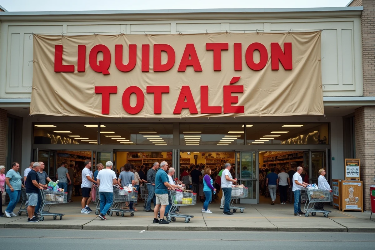 Entrée d'un magasin Gifi affichant des panneaux de liquidation totale et fermeture définitive, clients sortant avec des achats