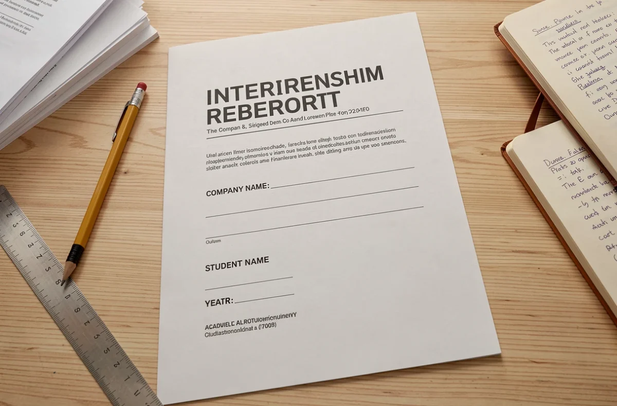 Vue à plat d'une page de garde de rapport de stage imprimée entourée d'outils de bureau sur un bureau en chêne clair