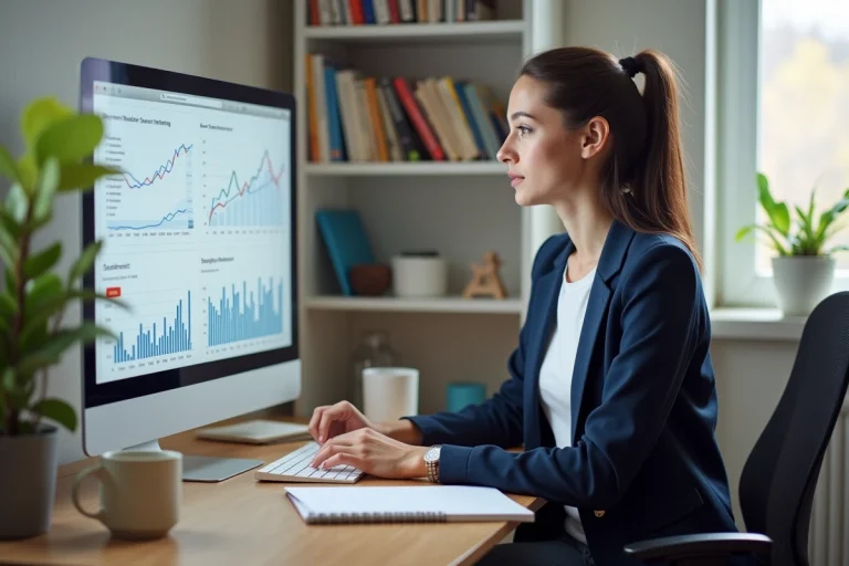 Femme consultante SEO en formation étudiant des graphiques d'analyse sur un écran dans un bureau à domicile professionnel